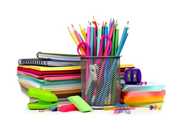 trading materials group of colorful school supplies isolated on a white background